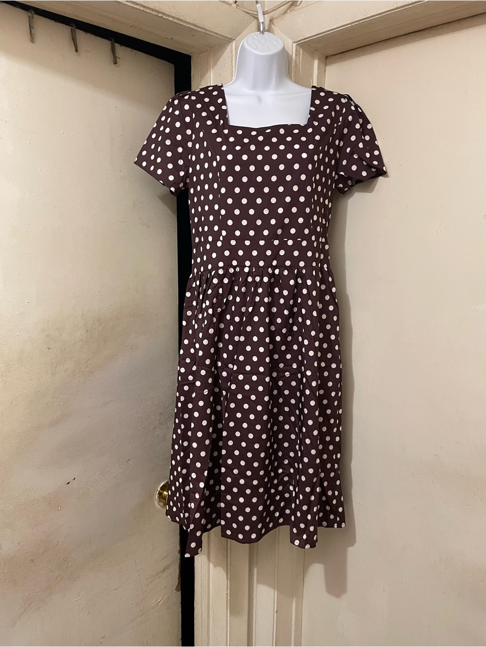 Women's Brown & White Polka Dot Fit & Flare Square Neck Dress S